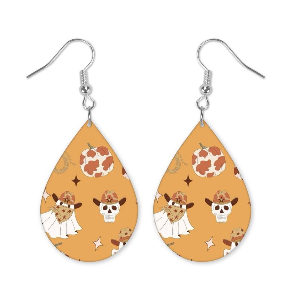 Halloween Western Ghost Teardrop Dangle Handmade Hook Earrings